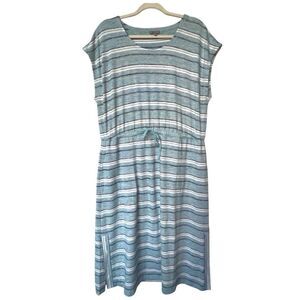 T by Talbots Drawstring Tie Waist Midi Dress Womens XL P Stripe Cap Sleeve Blue